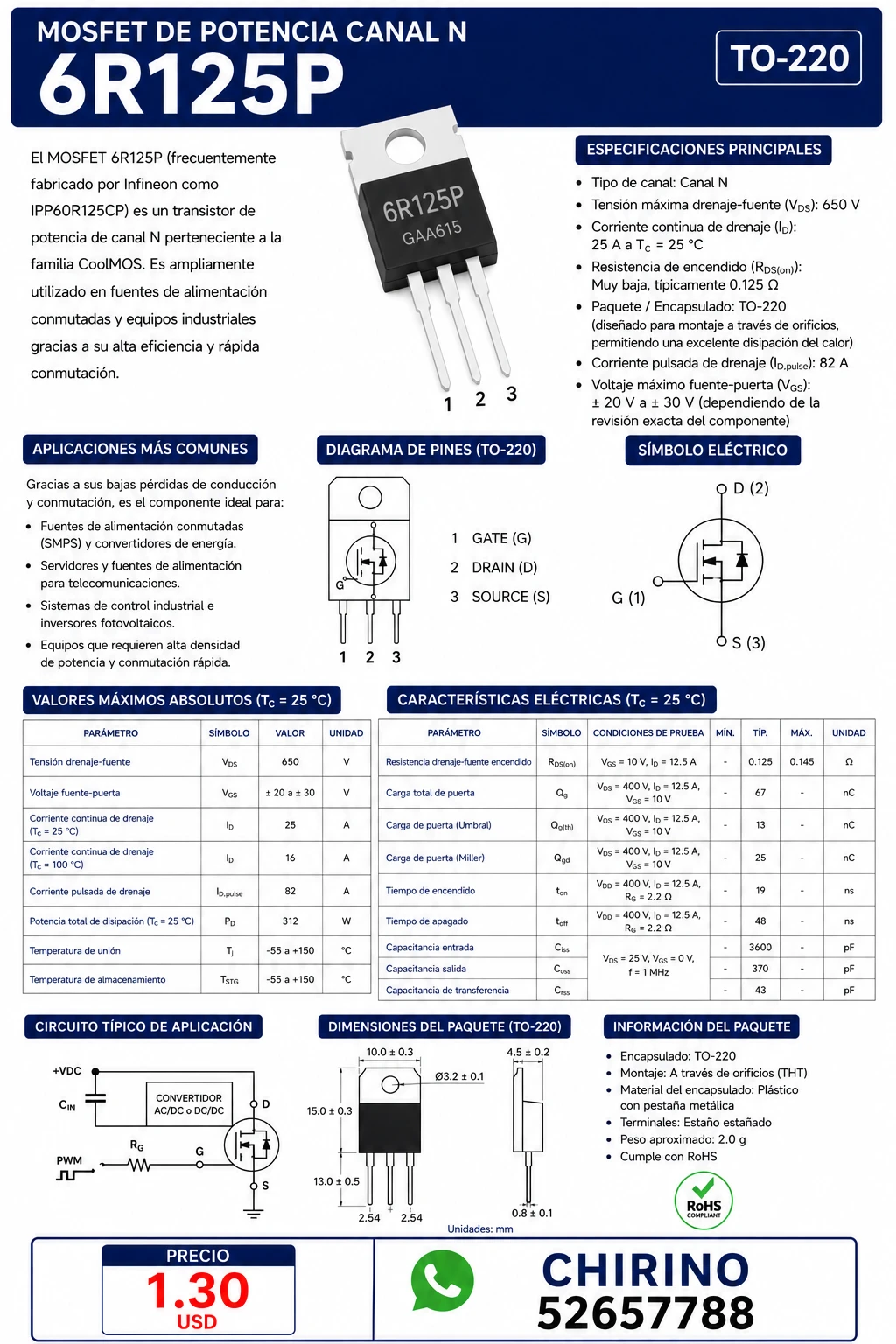 Mosfet 6R125P to-220's foto | Elect-Chirino |  BizneCubano