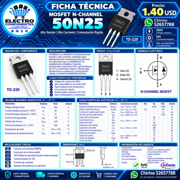 Mosfet 50N25 To-220F's foto | Elect-Chirino |  BizneCubano