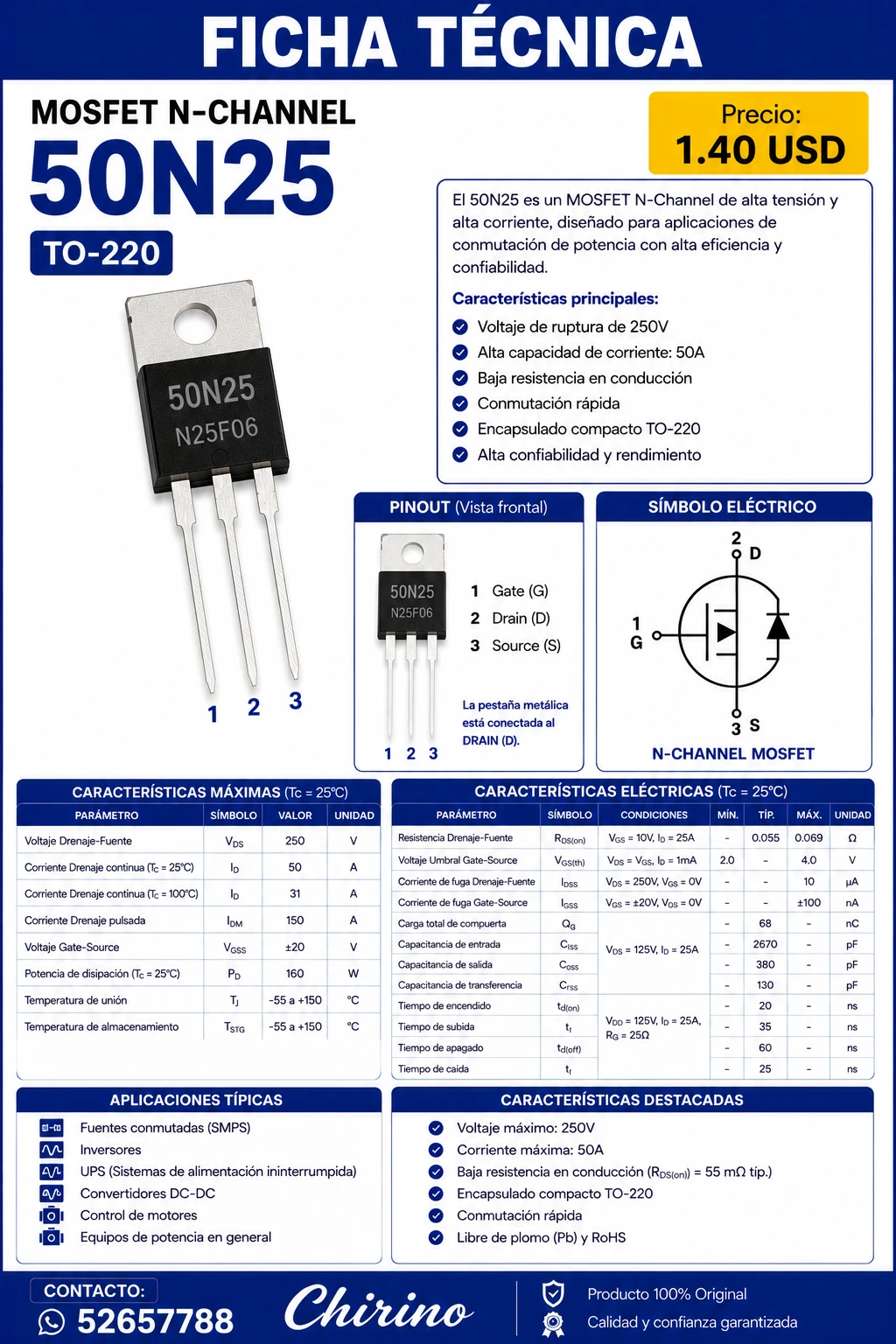 Mosfet 50N25 To-220F's foto | Elect-Chirino |  BizneCubano