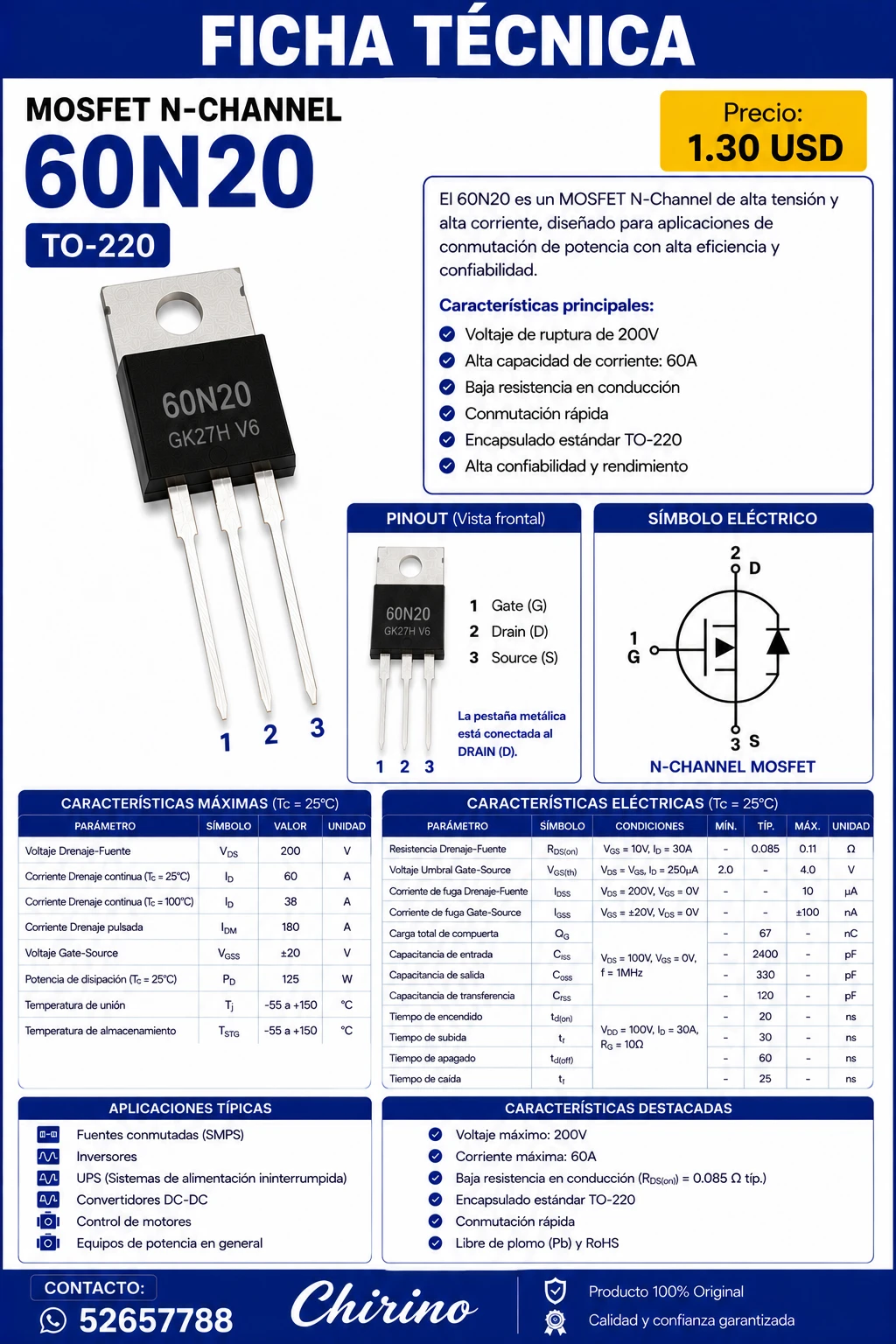 Mosfet 60N20 to-220's foto | Elect-Chirino |  BizneCubano