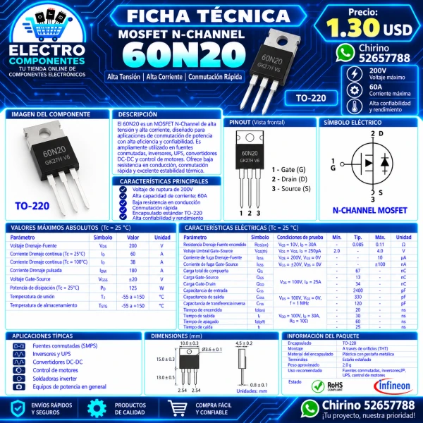Mosfet 60N20 to-220's foto | Elect-Chirino |  BizneCubano
