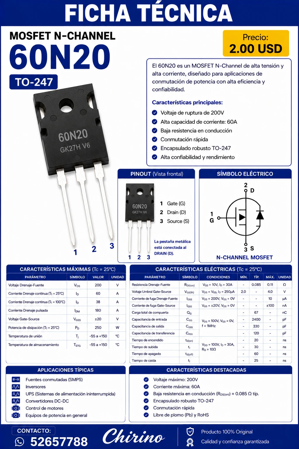 Mosfet 60N20 to-247's foto | Elect-Chirino |  BizneCubano