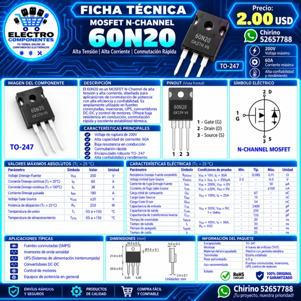 Mosfet 60N20 to-247's foto | Elect-Chirino |  BizneCubano
