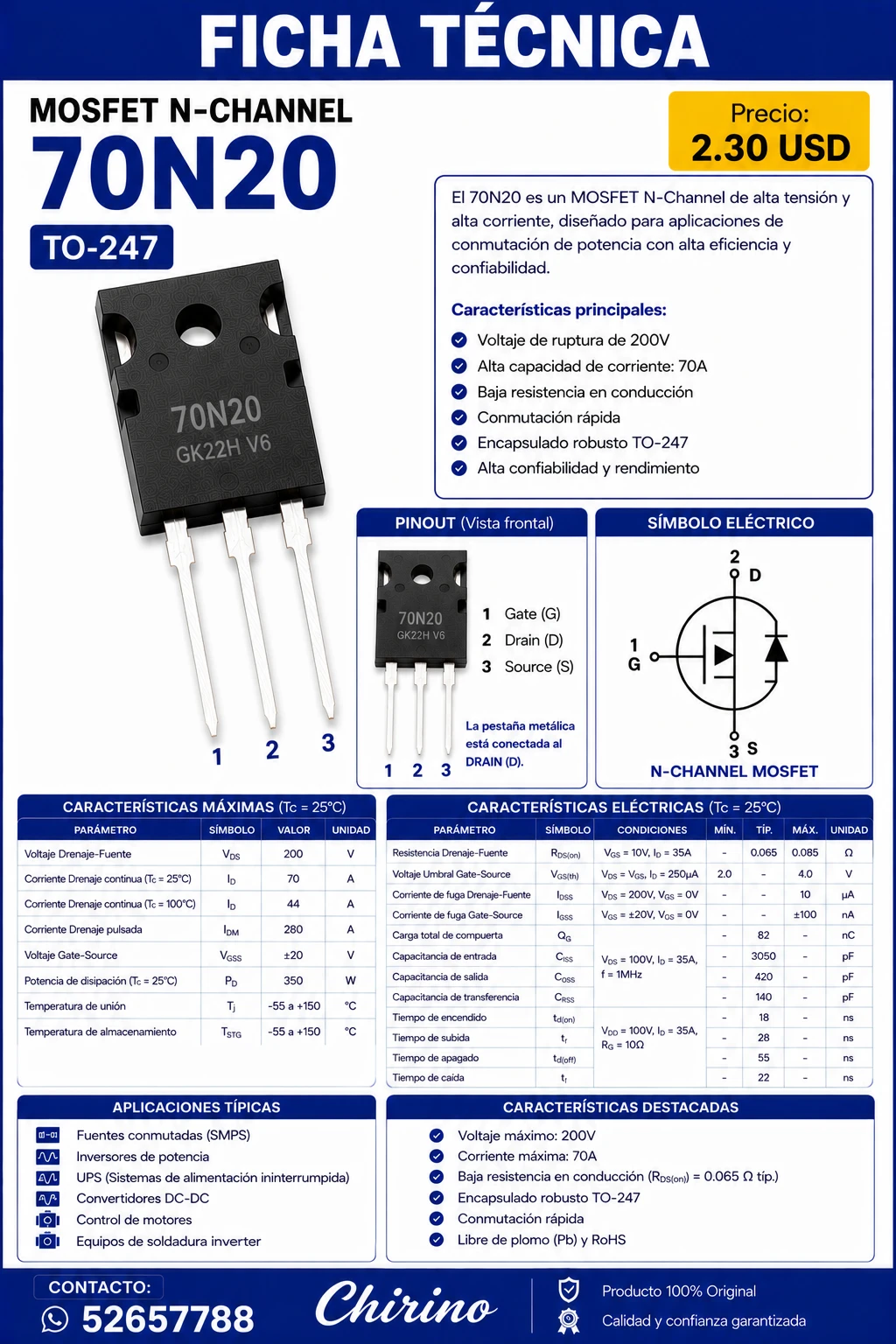 Mosfet 70N20 to-247's foto | Elect-Chirino |  BizneCubano