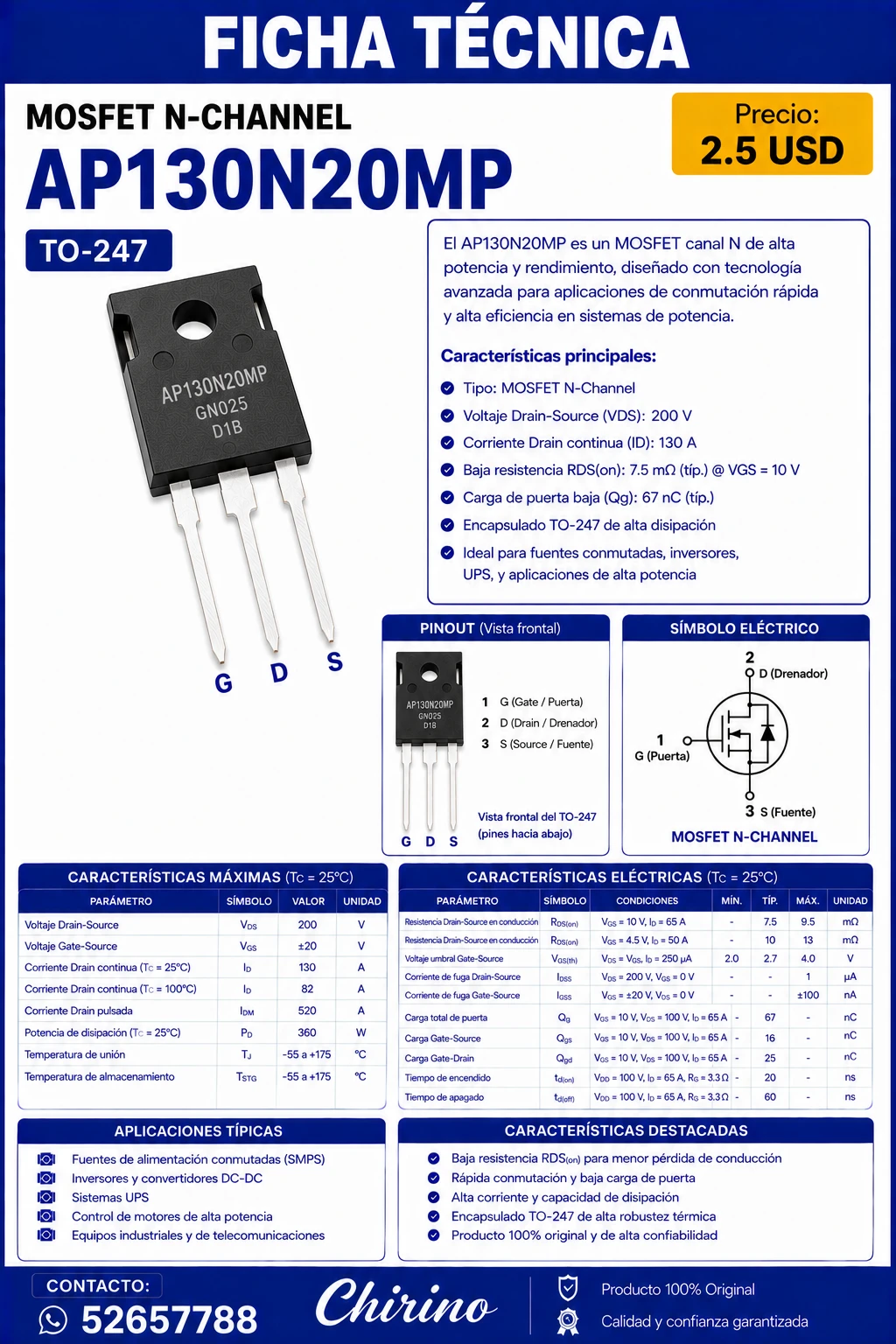 Mosfet 130N20 To-247's foto | Elect-Chirino |  BizneCubano