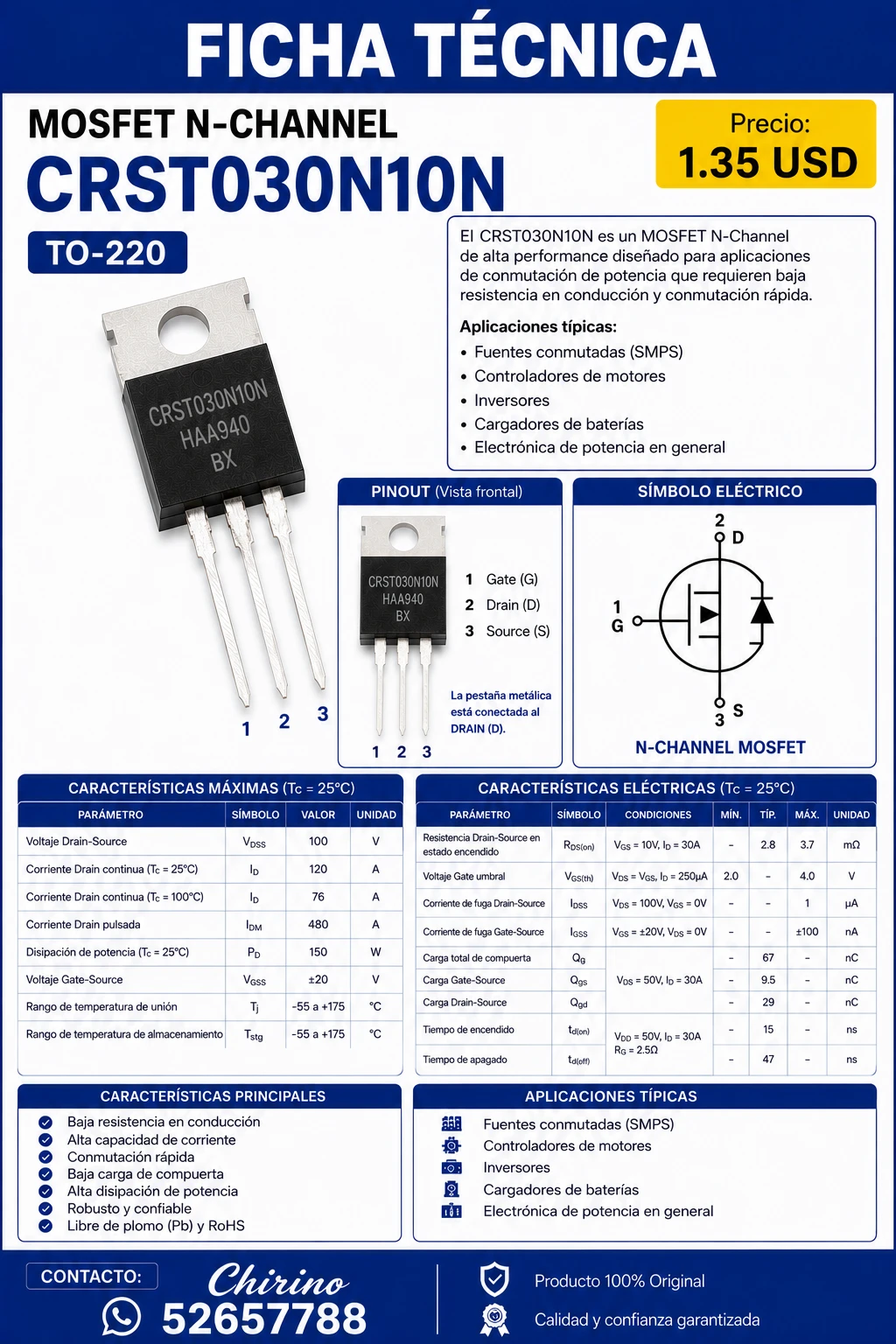 Mosfet CRST030N10N To-220's foto | Elect-Chirino |  BizneCubano