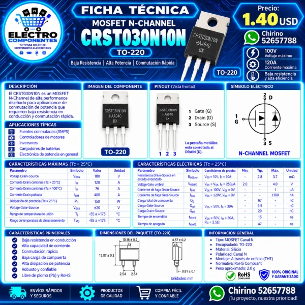 Mosfet CRST030N10N To-220's foto | Elect-Chirino |  BizneCubano