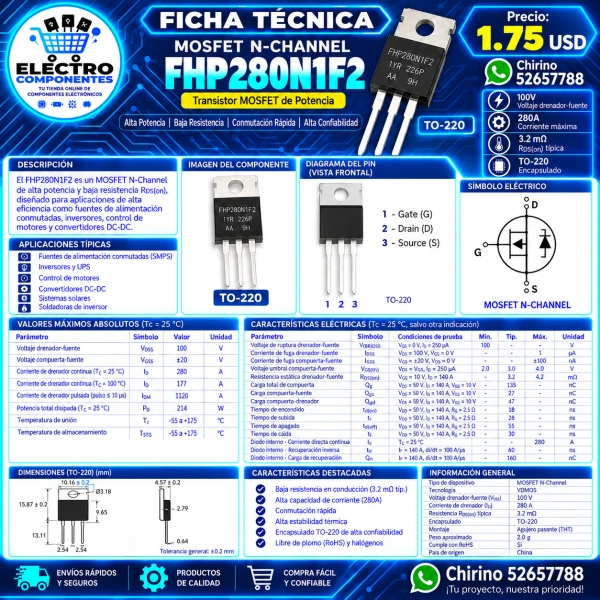 Mosfet FHP280N1F2 to-220's foto | Elect-Chirino |  BizneCubano
