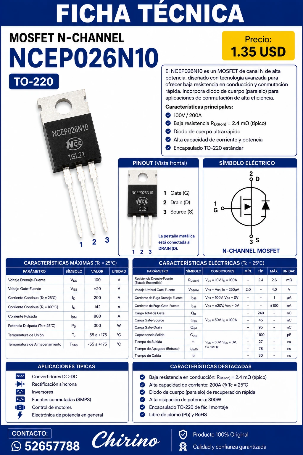 Mosfet NCE026N10's foto | Elect-Chirino |  BizneCubano
