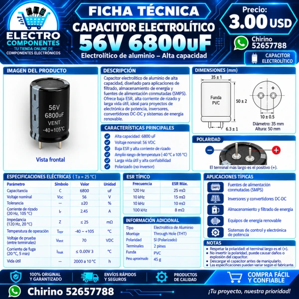 Capacitor 56V 6800UF's foto | Elect-Chirino |  BizneCubano